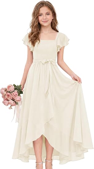Short Sleeve Flower Girl Dress for Teens A Line Chiffon Junior Bridesmaid Dresses with Bow FFSQ001