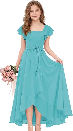 Short Sleeve Flower Girl Dress for Teens A Line Chiffon Junior Bridesmaid Dresses with Bow FFSQ001