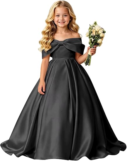 Off Shoulder Satin Flower Girl Dress Bow Junior Bridesmaid Dress | Satin, A-Line, Long Gown for Wedding Pageant