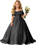 Off Shoulder Satin Flower Girl Dress Bow Junior Bridesmaid Dress | Satin, A-Line, Long Gown for Wedding Pageant