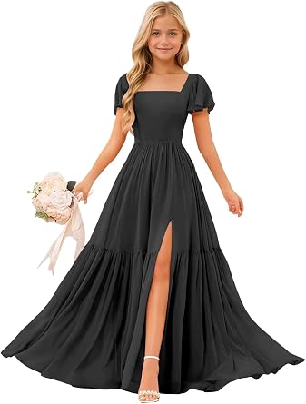 Flutter Sleeves Junior Bridesmaid Dresses for Wedding with Slit Chiffon A Line Flower Girl Dresses