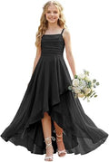 Spaghetti Strap Junior Bridesmaid Dress Pleated Chiffon Formal Gown | Chiffon, Square Neck for Wedding Pageants