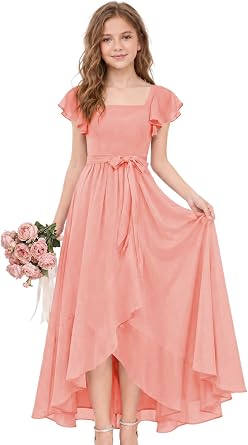 Short Sleeve Flower Girl Dress for Teens A Line Chiffon Junior Bridesmaid Dresses with Bow FFSQ001