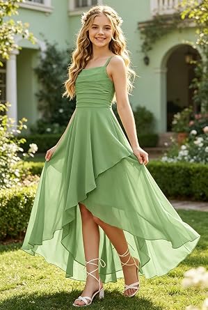 Spaghetti Strap Junior Bridesmaid Dress Pleated Chiffon Formal Gown | Chiffon, Square Neck for Wedding Pageants