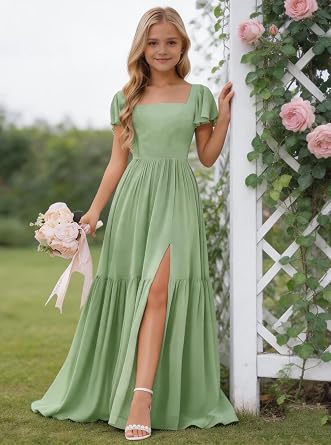 Flutter Sleeves Junior Bridesmaid Dresses for Wedding with Slit Chiffon A Line Flower Girl Dresses