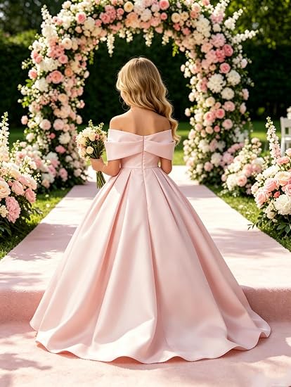Off Shoulder Satin Flower Girl Dress Bow Junior Bridesmaid Dress | Satin, A-Line, Long Gown for Wedding Pageant