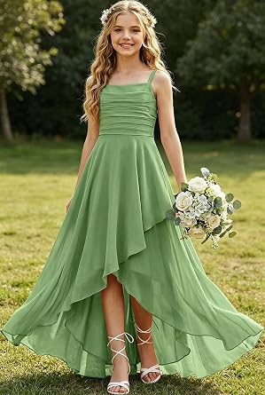 Spaghetti Strap Junior Bridesmaid Dress Pleated Chiffon Formal Gown | Chiffon, Square Neck for Wedding Pageants