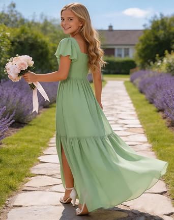 Flutter Sleeves Junior Bridesmaid Dresses for Wedding with Slit Chiffon A Line Flower Girl Dresses