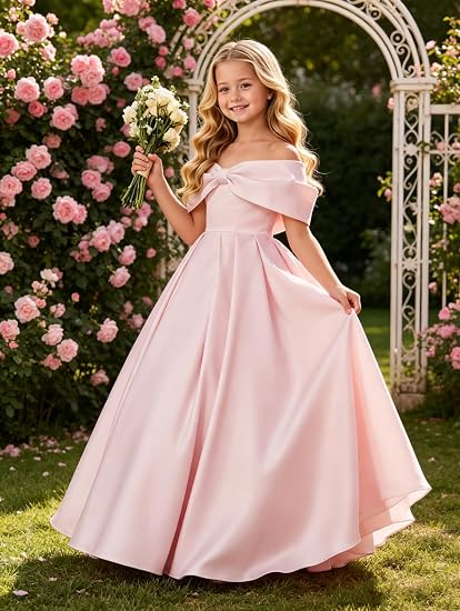 Off Shoulder Satin Flower Girl Dress Bow Junior Bridesmaid Dress | Satin, A-Line, Long Gown for Wedding Pageant