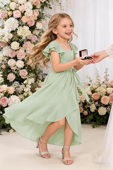 Short Sleeve Flower Girl Dress for Teens A Line Chiffon Junior Bridesmaid Dresses with Bow FFSQ001