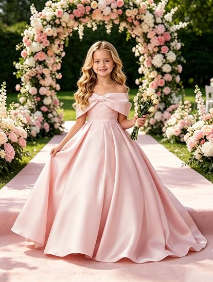 Off Shoulder Satin Flower Girl Dress Bow Junior Bridesmaid Dress | Satin, A-Line, Long Gown for Wedding Pageant