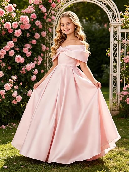 Off Shoulder Satin Flower Girl Dress Bow Junior Bridesmaid Dress | Satin, A-Line, Long Gown for Wedding Pageant