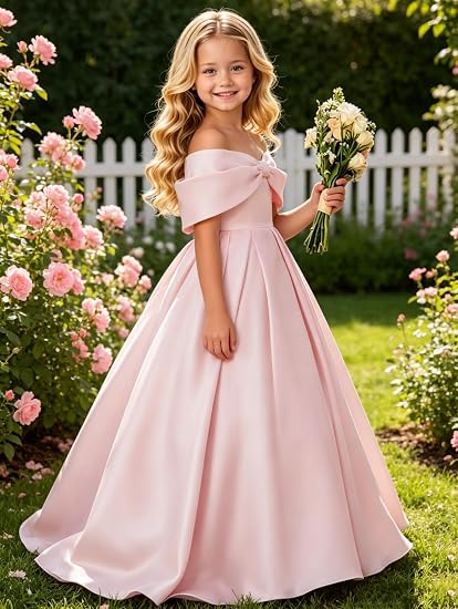 Off Shoulder Satin Flower Girl Dress Bow Junior Bridesmaid Dress | Satin, A-Line, Long Gown for Wedding Pageant